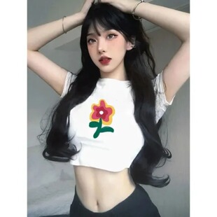 白色纯棉短袖t恤女夏季设计感小众花朵涂鸦印花辣妹短款露脐上衣