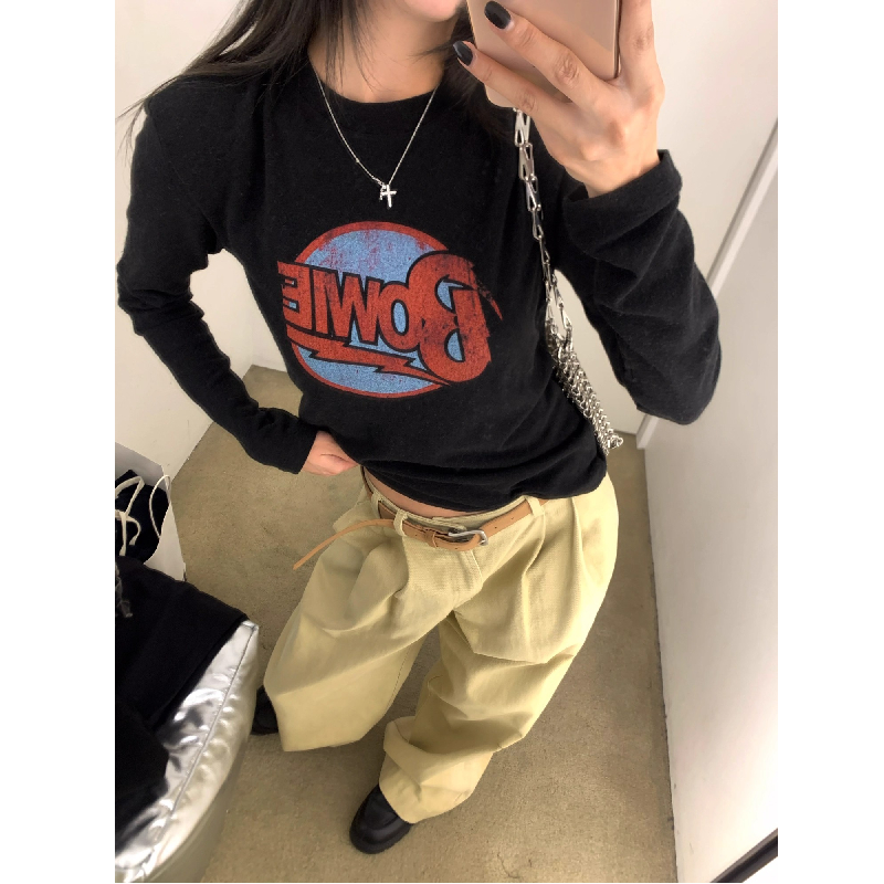 美式撞色字母印花正肩长袖T恤女