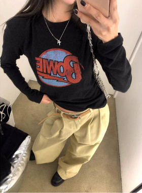 美式撞色字母印花正肩长袖T恤女
