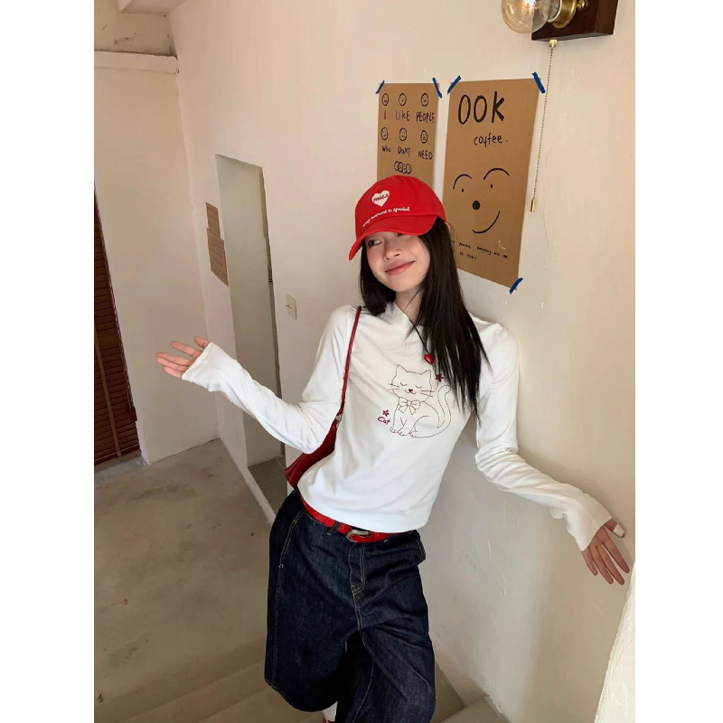 甜辣风可爱小猫咪印花长袖T恤女