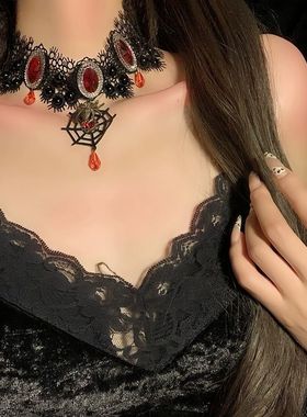 万圣节项链女蜘蛛网锁骨链颈带项圈choker小众设计感红皓石脖环