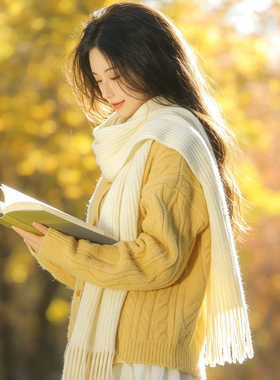 秋冬款韩版白色围巾女加厚保暖学院风简约流苏百搭长款高级感围脖