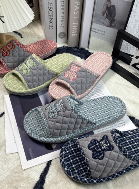 居梦家纯棉布艺情侣拖鞋春秋简约韩版家居地板拖静音防滑加厚软底