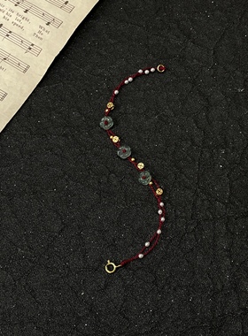 酒红冰透小花手绳双层超级有钱花钱币手链手工编织显白简约手绳