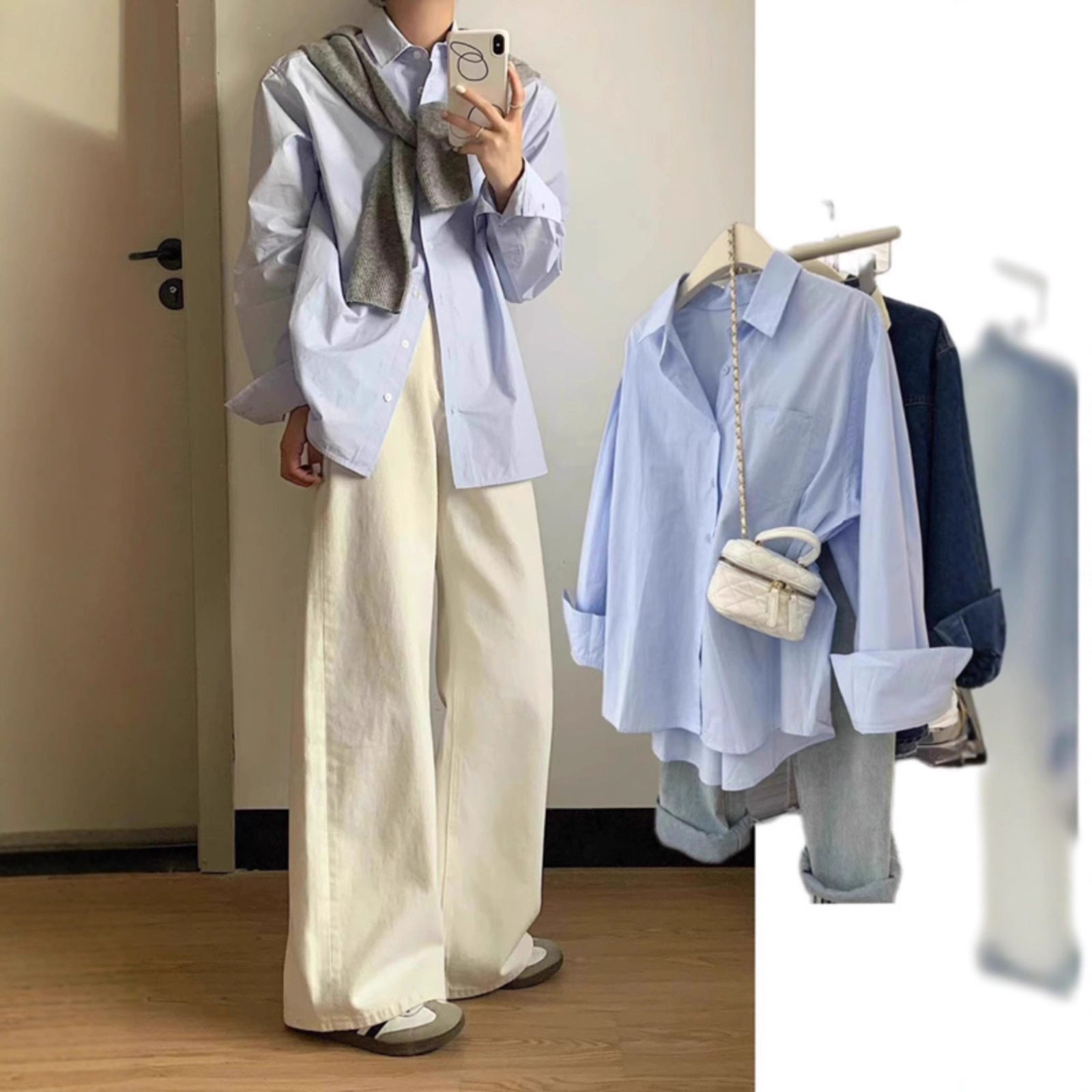 蓝色衬衫外套女内搭外穿设计小众衬衣小个子休闲宽松叠穿长袖上衣