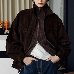今年流行特惠真皮皮衣HN5192秋冬新款 头层山羊反绒翻领廓形简约