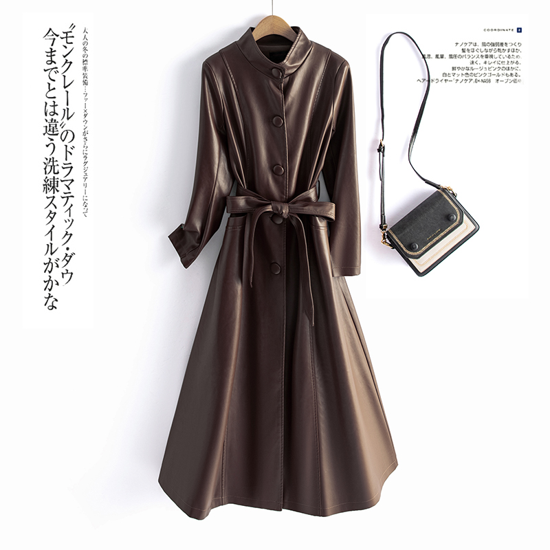 今年流行特惠韩版大码中长款过膝真皮2024春秋新款系带皮风衣修身