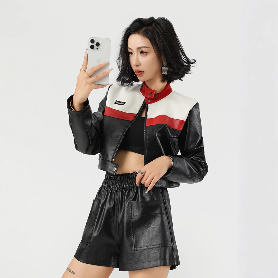 今年流行特惠新款撞色拼接机车服飞行员夹克短版外套女皮衣外贸