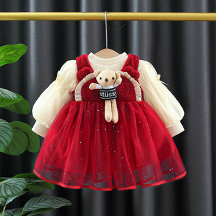 童装新年装女童秋冬加绒加厚裙子女童喜气公主裙二件套打底衫裙