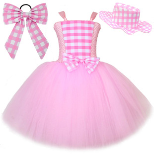 欧美电影芭比童装tutu连衣裙蝴蝶结格子网纱公主裙儿童表演礼服