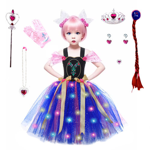2025新品安娜公主连衣裙亮片闪灯套装长裙高端女童公主裙tutu裙