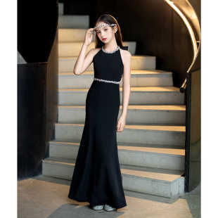 大童黑色走秀礼服女童高端鱼尾裙小提琴演奏服主持演出钢琴演奏服