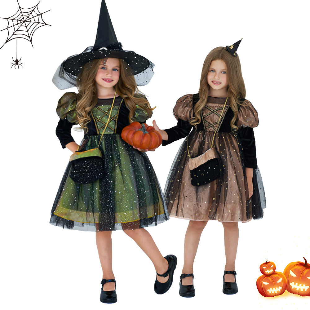 欧美万圣圣诞节cos舞会女孩公主裙礼服网纱星星裙 儿童长袖连衣裙