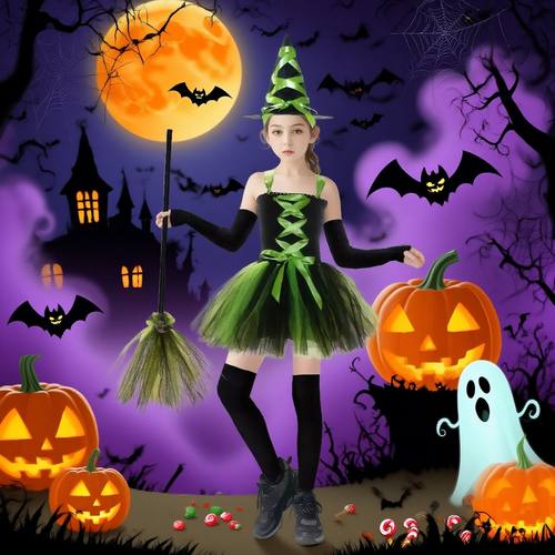 跨境万圣节女巫cos蓬蓬裙 巫婆走秀礼服套装鬼节日女童公主tutu裙