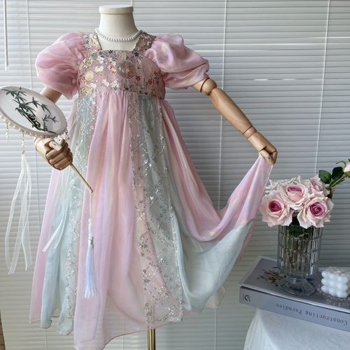 ehhe女童新中式连衣裙2025夏款中国风汉服儿童繁花亮片泡泡袖古风