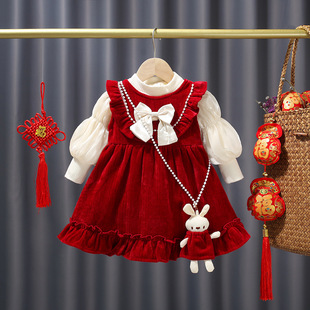 女童套装裙冬季洋气女宝宝红色新年装加绒加厚红色公主裙子两件套