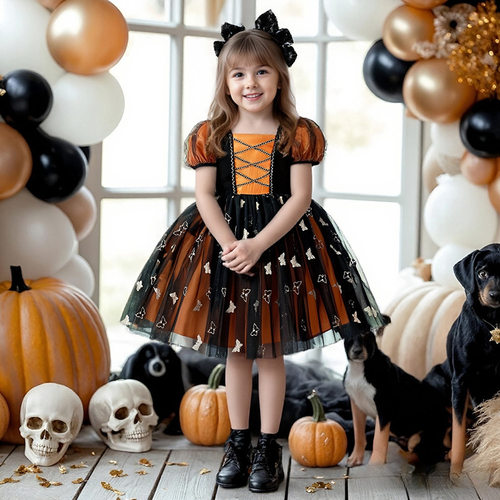 万圣节连衣裙儿童服装女童cosplay女巫印花公主裙派对角色扮演服