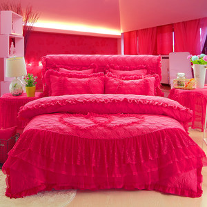 韩版公主风蕾丝床裙式床罩式四件套纯色花边被套床套多件1.5/1.8m