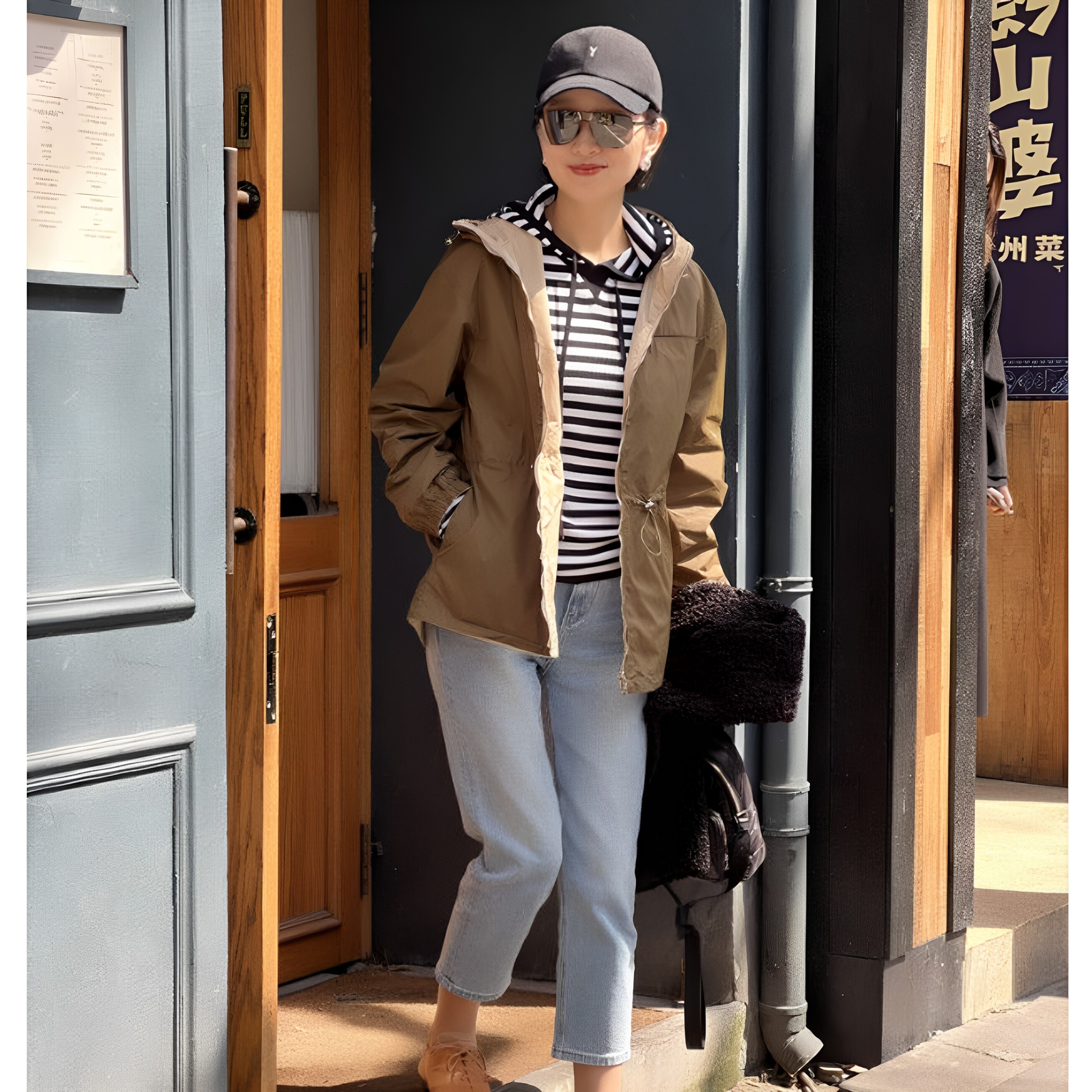 清仓款落落大方春款双面可穿抽绳收腰连帽轻薄防风女款外套