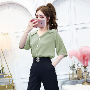 夏装宽松衬衫女小个子夏季正肩v领气质通勤职业法式短袖衬衣上衣