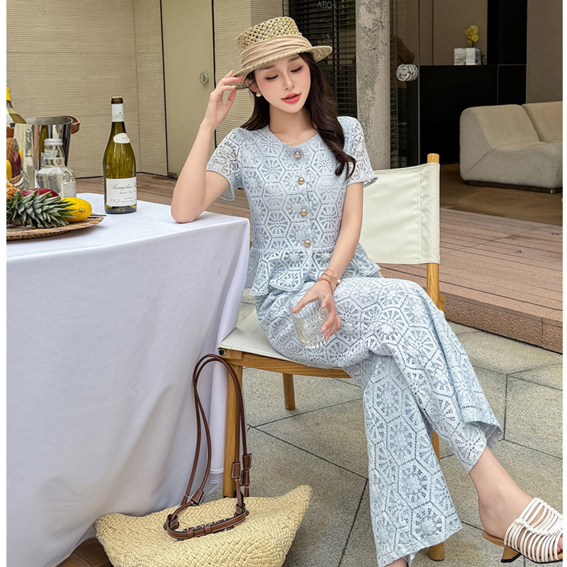 女神夏季2026新款时髦香风蕾丝气质短袖上衣名媛裤子高级感两件套