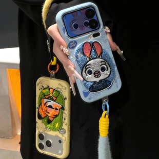 13皮纹软壳14plus可爱8p全包XR防摔带挂绳 15PRO创意12 卡通Q版 朱迪尼克适用苹果16手机壳iPhone17promax新款