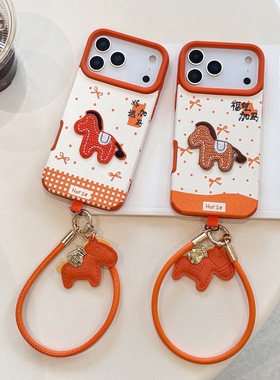 新款橙色福气加马适用华为mate80pro手机壳mate70刺绣小马高级感pura70带挂绳mate60可爱P80pro皮纹软套女款