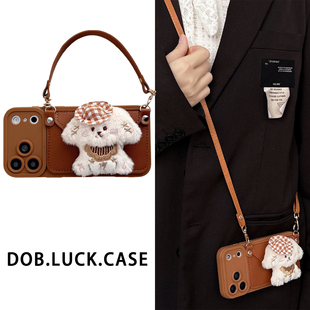 秋冬毛绒狗狗零钱卡包适用iphone17promax手机壳16pro斜挎挂绳苹果13女15创意14pro手提背带12硅胶xr全包软套