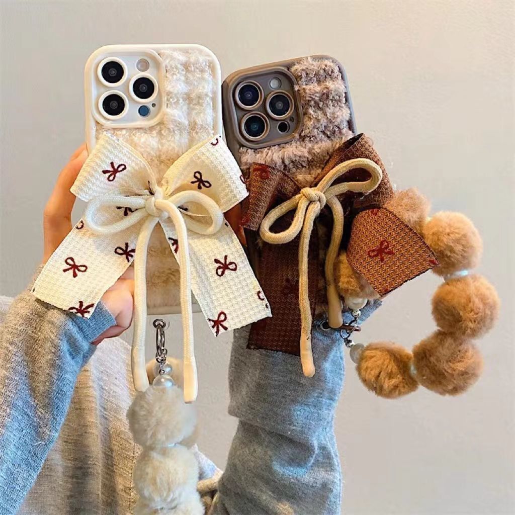 适用小米手机壳格纹毛绒蝴蝶结