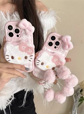 毛绒立体蝴蝶结KT猫适用苹果16pro手机壳秋冬iphone17promax格纹13秋冬14全包15硅胶12防摔8plus链条XR可爱女