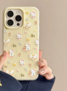 奶黄色KT猫卡通适用苹果15手机壳iPhone17ProMax新款16pro防摔13女款小众12硅胶14pro二合一全包套8plus软套