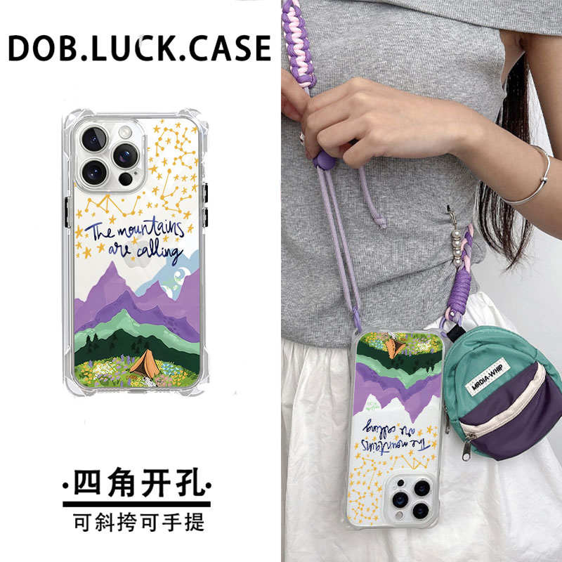 适用苹果手机壳紫山露营斜挎绳包
