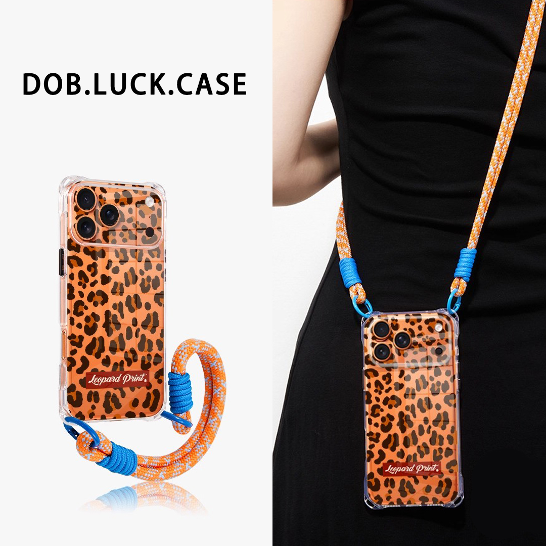 适用苹果手机壳高级豹纹斜挎挂绳