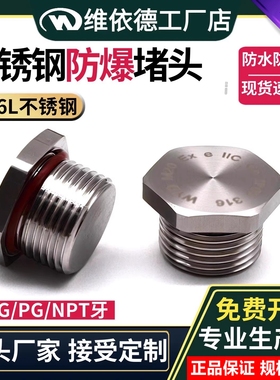 SS316L不锈钢防爆闷盖IP66防水密封堵头Exe/Exd外六角盲堵堵塞件