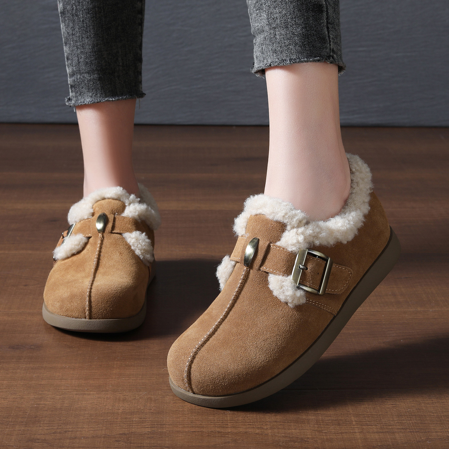 复古风勃肯鞋女圆头平底加绒保暖