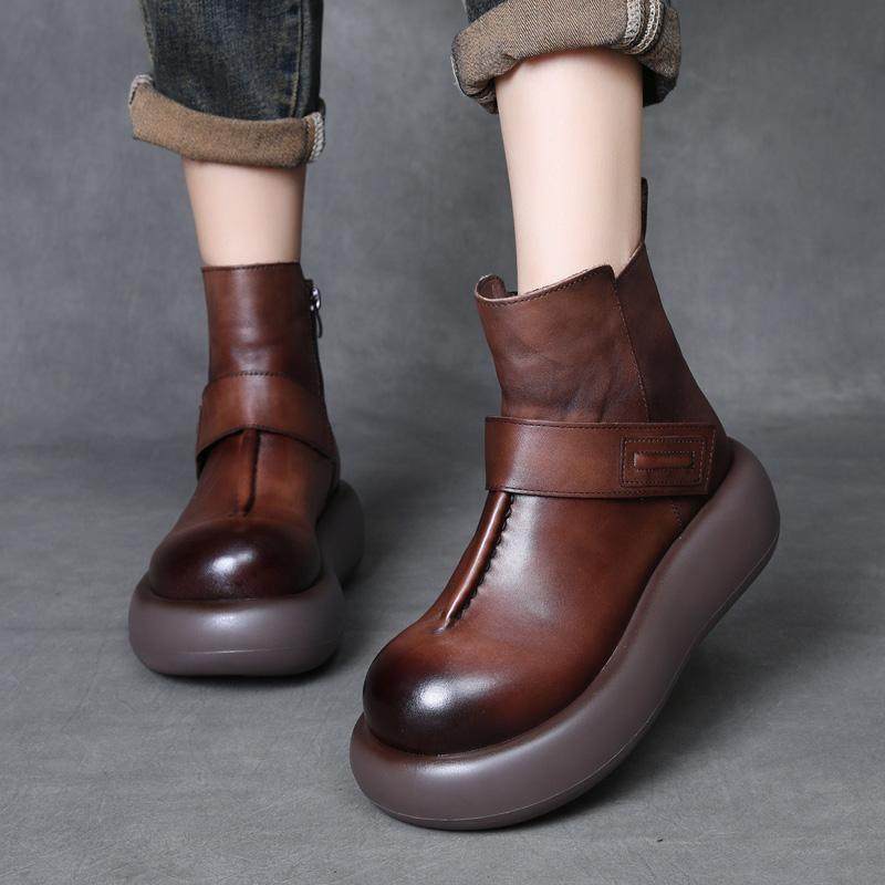 手工复古短靴女真皮厚底马丁靴