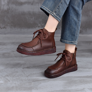 头层牛皮复古马丁靴女圆头平跟短靴手工真皮百搭休闲加绒保暖棉鞋