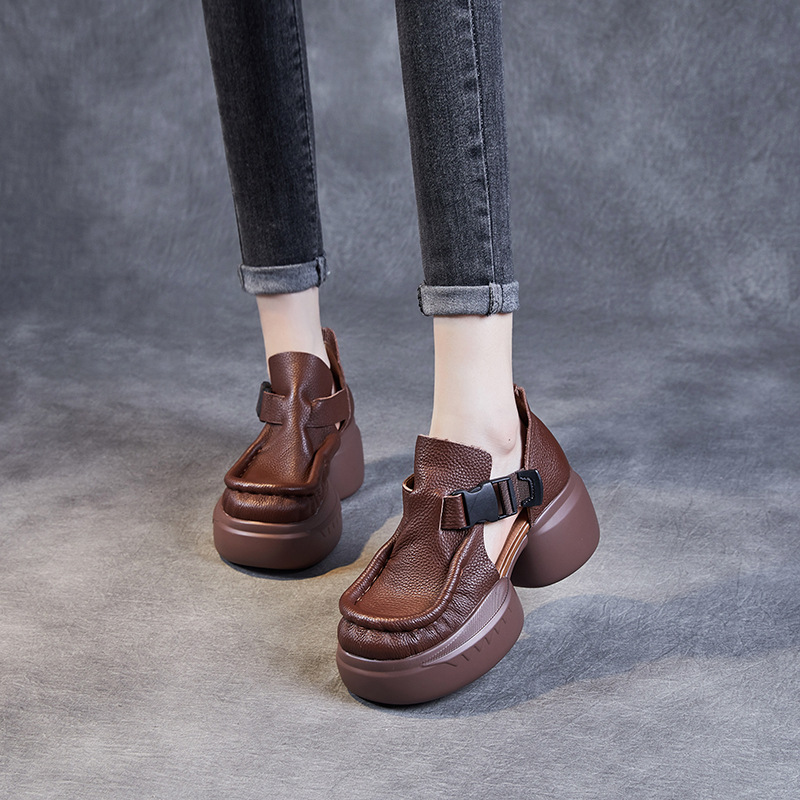 真皮高跟复古凉鞋女士大头罗马鞋