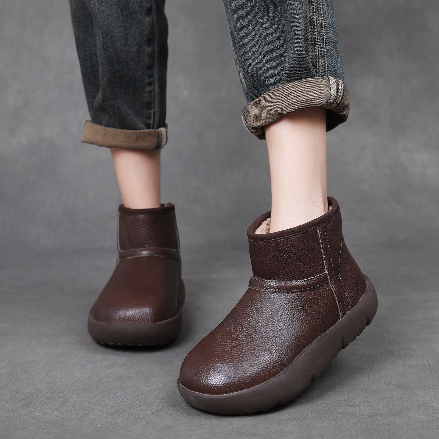 牛皮羊羔绒雪地靴女松糕厚底短靴