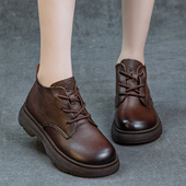 2026秋冬新款 复古马丁靴女圆头厚底平跟软底短靴真皮英伦风及裸靴