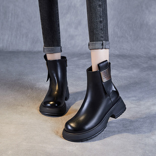 冬季 马丁靴女保暖加厚纯羊毛雪地靴头层牛皮粗跟防滑短靴 真皮时尚