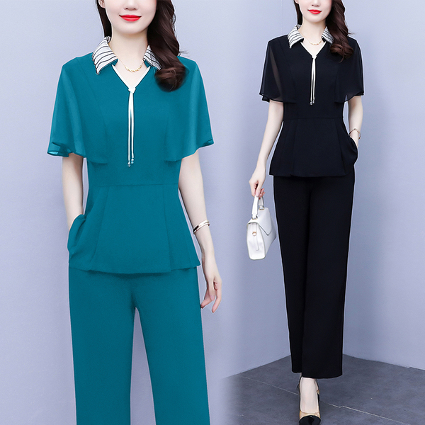 RM4662#春夏夏季新款套装大码女装时尚减龄短袖9分裤两件