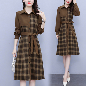 RM21299#大码女装百搭格纹撞色拼接套头衬衫领减龄显瘦连衣裙