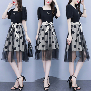 RM7355#夏装新款韩版大码胖mm显瘦法式减龄蕾丝拼接连衣裙