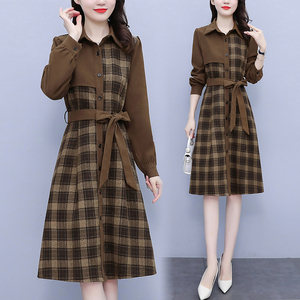 RM21299#大码女装百搭格纹撞色拼接套头衬衫领减龄显瘦连衣裙