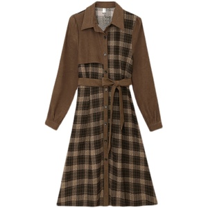 RM21299#大码女装百搭格纹撞色拼接套头衬衫领减龄显瘦连衣裙