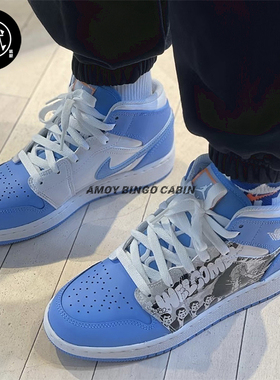 Nike耐克 Air Jordan 1 AJ1 Mid GS女子蓝白休闲篮球鞋DR6492-100