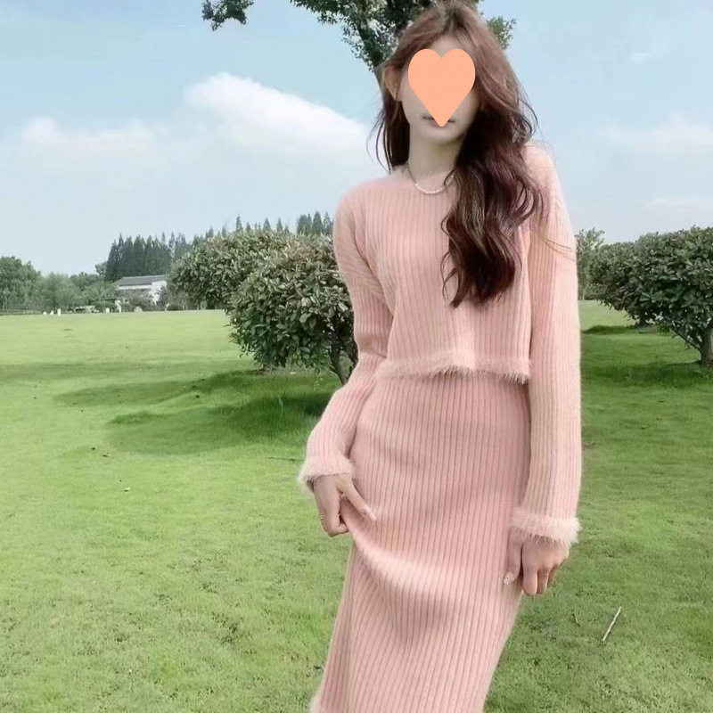 小香风长袖针织连衣裙套装女2024秋冬宽松毛衣打底裙时尚两套潮