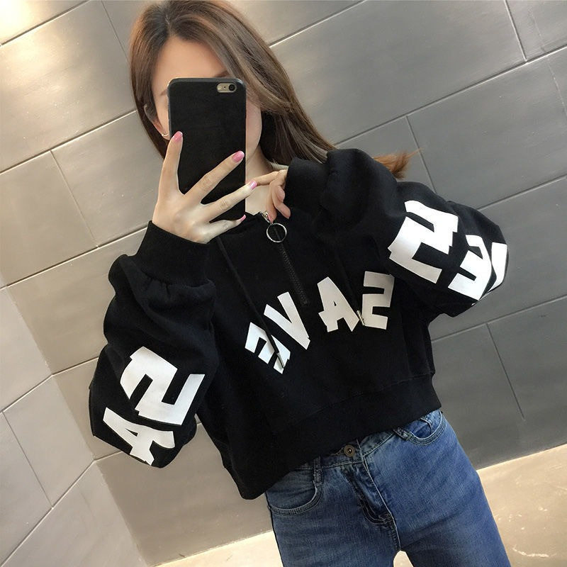 半拉链连帽短款小个子卫衣女2024新款早秋薄款高腰洋气炸街外套潮