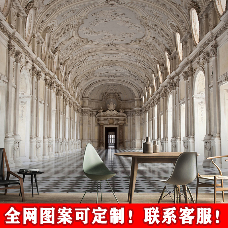 3d立体延伸空间背景墙网红打卡酒店装饰壁画宫廷走廊欧式建筑壁纸图片